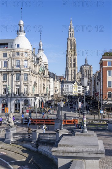 Old town, Cathedral of Our Lady, houses on the Suikerrui, Antwerp, Flanders, Belgium, Europe