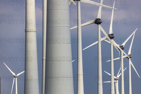 Westereems and Growind wind farms, totalling over 80 wind turbines, at the seaport of Eemshaven, province of Groningen, in the north-west of the Netherlands