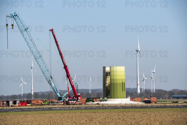 Construction of a wind turbine, Enercon steel pillar, near Kerken, Kleve district, Lower Rhine, North Rhine-Westphalia, Germany, Europe
