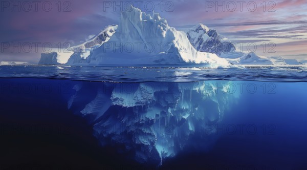 A large iceberg is floating in the ocean, with a small portion of it visible in the water, AI generated