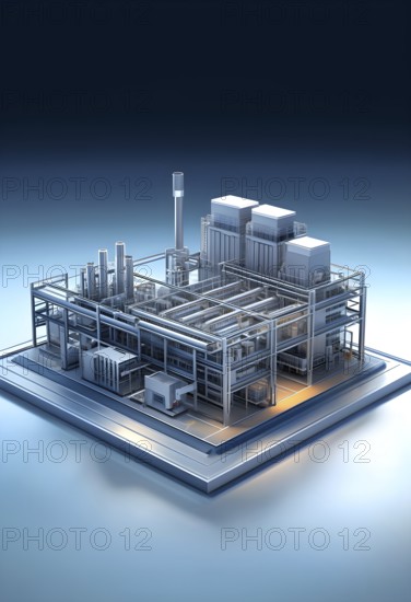 Three dimensional rendering of a model of a modern factory, AI generated