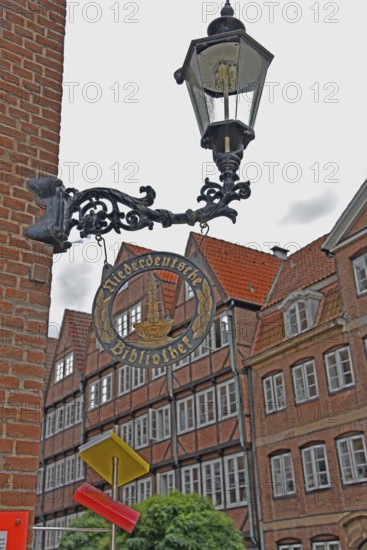 Europe, Germany, Hanseatic City of Hamburg, Hamburg-Neustadt district, Peterstraße 36, Composers' Quarter, Low German Library, Reconstruction of historic buildings, Gas lantern, Europe