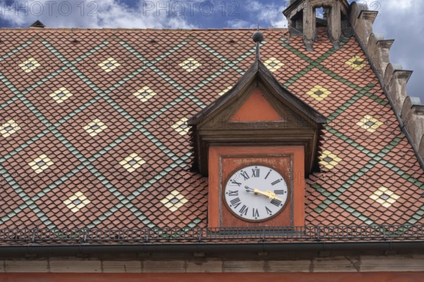 Decorated roof and clock tower, former council drinking parlour, so-called Gustav-Adolf-Haus, built in 1550, now the town library, Segringer Straße 2, Dinkelsbühl, Bavaria, Germany, Europe