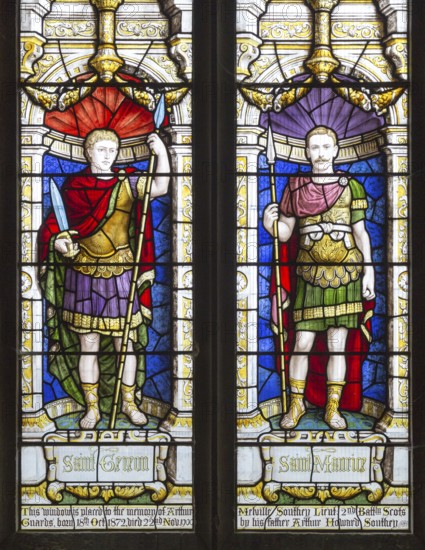 Stained glass window depicting Saint Gereon of Cologne and Saint Maurice, Parish Church of St Aldhelm, Bishopstrow, Wiltshire, England, United Kingdom, Europe