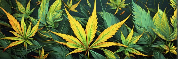 Abstract wallpaper highlighting stylized cannabis leaves in vibrant green and golden colors, AI generated