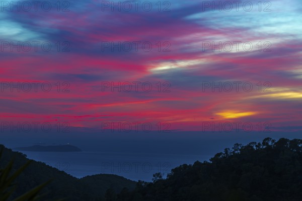 Sunset in the bay of Sant Antoni, Ibiza, Balearic Islands, Mediterranean Sea, Spain, Europe