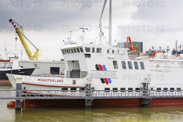 Ferry Münsterland, a passenger ferry converted to gas operation, which also transports cars in the port of Eemshaven, 22/05/2024