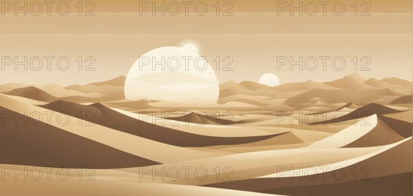 Abstract desert scene with triangular sand dunes and a single circular sun, using sharp lines and subtle gradients in neutral earth tones, AI generated