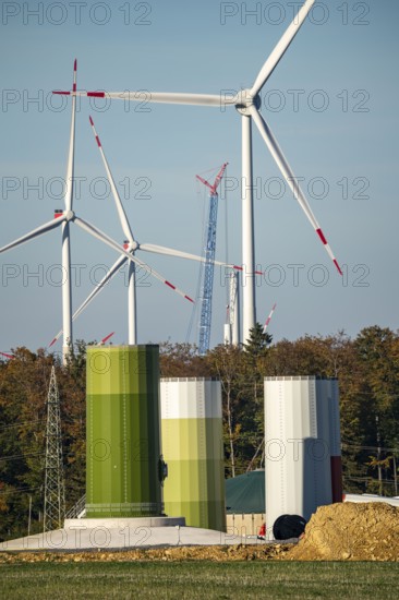 Construction site of a new wind turbine, modules of the tower, wind turbine from the manufacturer Enercon, wind farm near Bad Wünnenberg, North Rhine-Westphalia, Germany, Europe