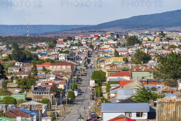 View over hills, streets and colourful houses made of wood and corrugated iron, city of Punta Arenas, Patagonia, Chile, South America