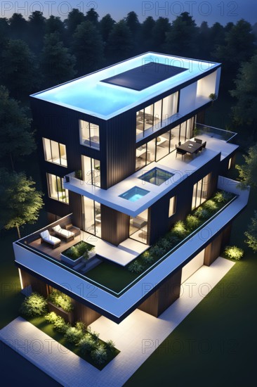 Three dimensional rendering of an illuminated modern ecological real estate residential house, AI generated