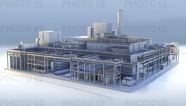 Three dimensional rendering of a model of a modern factory, AI generated
