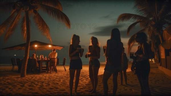 Young adult friends with tropical drinks enjoy the sunset on their vacation, generatvie AI, AI generated