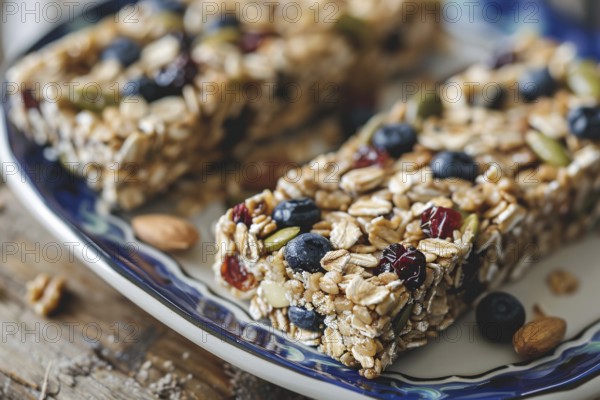 Close up of granola energy bar with dried fruits. KI generiert, generiert AI generated