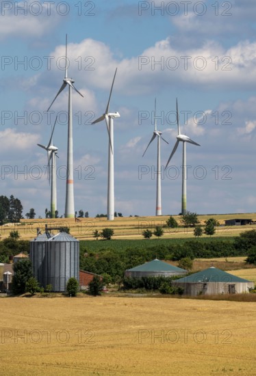 Wind farm north-west of Lichtenau, East Westphalia-Lippe, farm with biogas plant, North Rhine-Westphalia, Germany, Europe