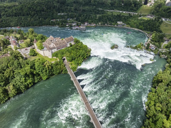 Aerial view of the Rhine Falls with railway viaduct and Laufen Castle, Neuhausen, Canton Schaffhausen, Switzerland, Europe
