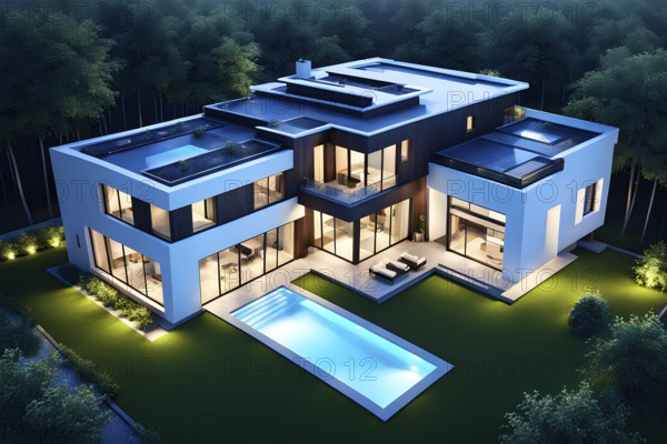 Three dimensional rendering of an illuminated modern ecological real estate residential house, AI generated