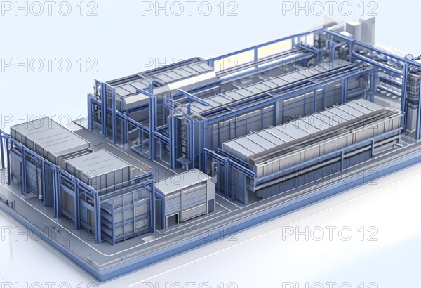 Three dimensional rendering of a model of a modern factory, AI generated