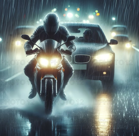 A motorcyclist rides in front of a car with headlights switched on in the rain in the dark, generated with AI, AI generated