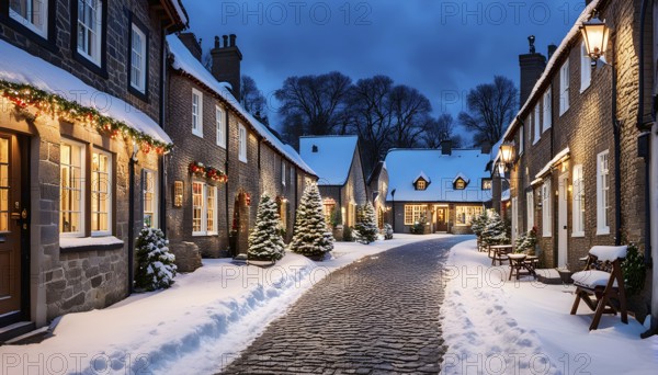 Snow-covered village street at dusk with glowing Christmas lights, AI generated
