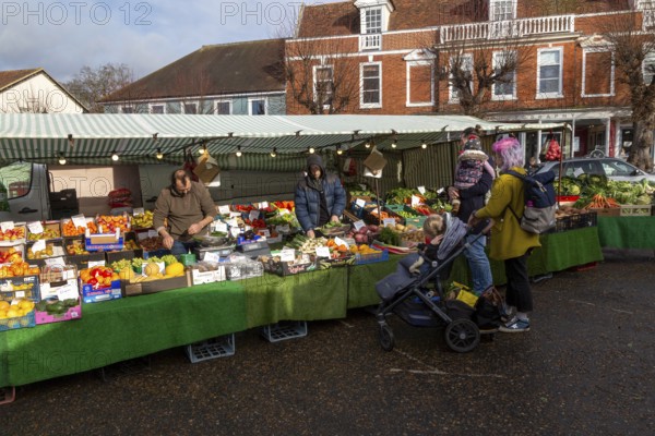 Market stall in town centre selling fruit and vegetables, greengrocer, Framlingham, Suffolk, England, UK