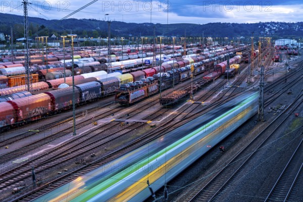 The Hagen-Vorhalle marshalling yard, one of the 9 largest in Germany, is located on the Wuppertal-Dortmund railway line and has 40 directional tracks on which goods trains are assembled, in the evening, North Rhine-Westphalia, Germany, Europe
