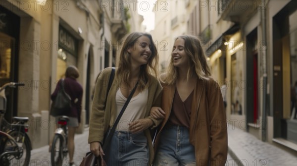 Two lesbian girlfriends walking along the streets of europe, generatvie AI, AI generated