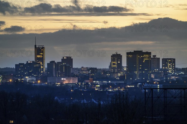 View of the skyline of Essen, city centre, seen from the Zeche Zollverein, Essen, North Rhine-Westphalia, Germany, Europe