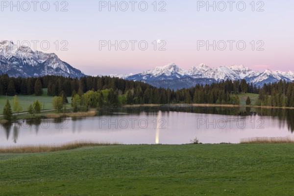 Hegratsrieder See near Füssen, Allgäu Alps, snow, moon, dawn, Allgäu, Bavaria, Germany, Europe