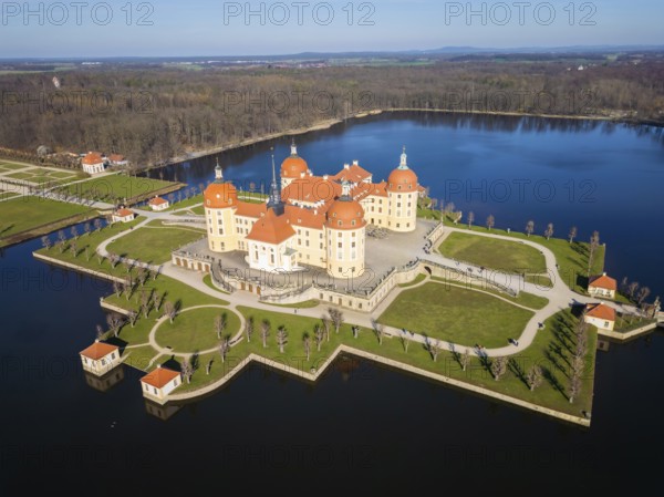 Moritzburg Castle is located in the municipality of Moritzburg near Dresden. The hunting lodge, which dates back to a 16th century hunting lodge, was given its present form in the 18th century under Augustus the Strong, Moritzburg, Saxony, Germany, Europe