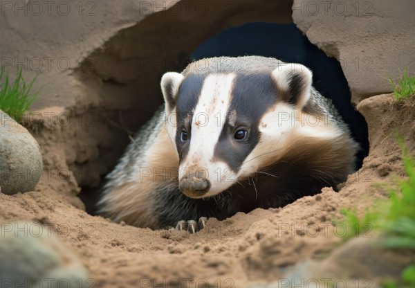 Animal portrait, European badger (Meles meles) sticks its head out of its cave, AI generated, AI generated