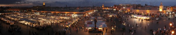 Restaurants in the evening on the Djemaa el Fna square in Marrakech, Morocco, Africa