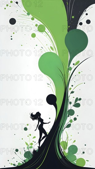 Minimalist illustration featuring abstract shapes to convey fun and ease, wallpaper with green color accent, AI generated