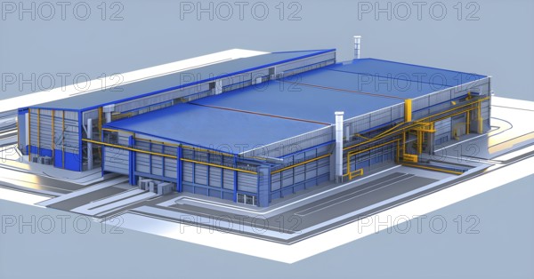Three dimensional rendering of a model of a modern factory, AI generated