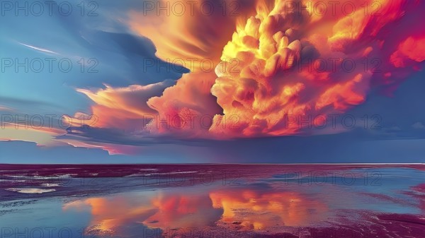 AI generated painting of a surreal landscape with mountains and a lake with digital brush strokes intertwining with watercolor