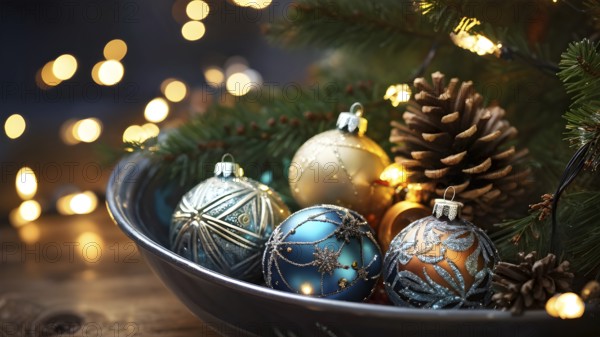 Christmas tree ornaments in a bowl, featuring a mix of glass baubles, pine cones, and fairy lights, capturing the reflections and intricate textures, AI generated