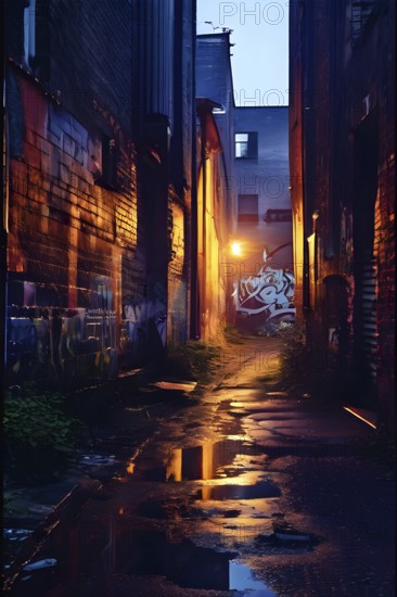 Narrow city alley walls adorned with graffiti narratives of resistance and decay, AI generated