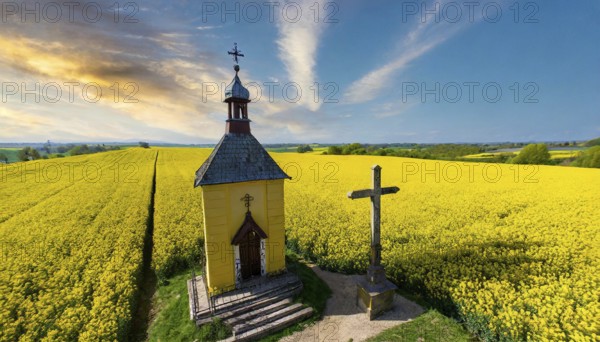 Agriculture, rape field, in full bloom, yellow, in it a small prayer chapel, aerial view, AI generated, AI generated