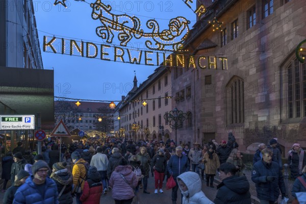 Tourists at the Nuremberg Children's Christmas Market, Nuremberg, Middle Franconia, Bavaria, Germany, Europe