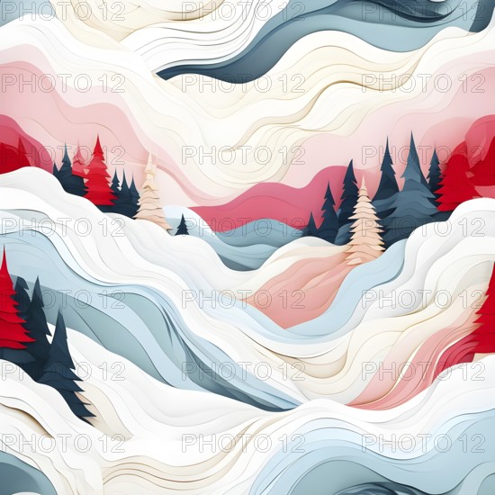 Christmas-themed abstract landscape with fluid, flowing lines representing snow-covered hills and trees in soft, pastel shades, AI generated
