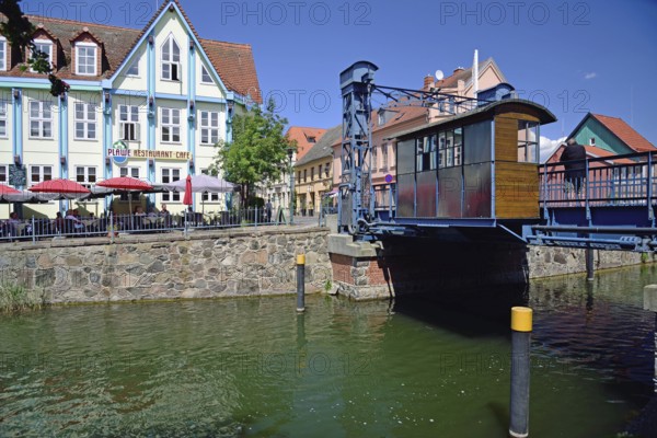 Europe, Germany, Mecklenburg-Western Pomerania, Plau am See, Lake Plau, Elde-Müritz waterway, lift bridge built in 1916, Plau am See, Mecklenburg-Western Pomerania, Germany, Europe