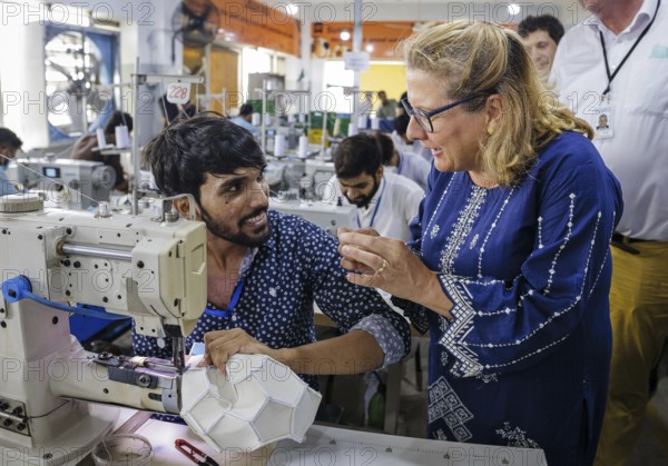 Svenja Schulze (SPD), Federal Minister for Economic Cooperation and Development, visiting Anwar Khawaja Industries PVT. LTD, where footballs are manufactured for the Bundesliga, among others. Sialkot, 23.08.2024. Photographed on behalf of the Federal Ministry for Economic Cooperation and Development