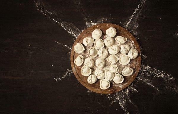 Raw frozen dumplings, on a wooden board, top view, horizontal, rustic style, no people