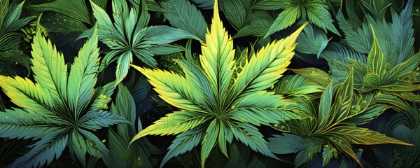 Abstract wallpaper highlighting stylized cannabis leaves in vibrant green and golden colors, AI generated