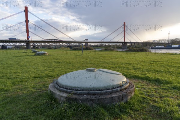 Rhine at Duisburg-Beeckerwerth, well for water extraction by bank filtrate from the Rhine, by the Beeckerwerth water extraction plants, for the supply of ThyssenKrupp Steel Werke, for process water, Beeckerwerth motorway bridge A42, Duisburg, North Rhine-Westphalia, Germany, Europe