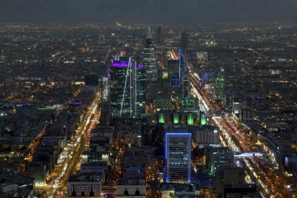 Panoramic view from the Sky Bridge, blue hour, Kingdom Center, Riyadh, Saudi Arabia, Asia