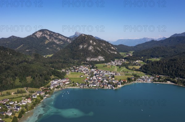 Drone shot, panorama shot, Fuschlsee, Fuschl am See, Alpine foothills, Salzkammergut, Land Salzburg, Austria, Europe