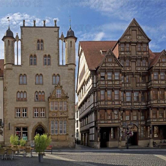 Historic market square with Tempelhaus and Wedekindhaus, Old Town, Hildesheim, Lower Saxony, Germany, Europe