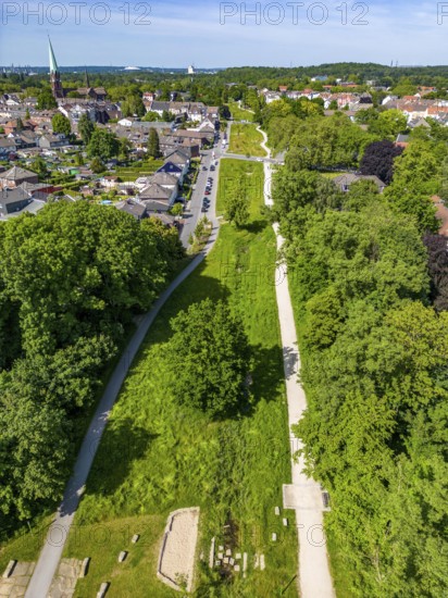 The Katernberger Bach, for over 40 years the stream was piped, 1.2 km long, underground, used as a sewage water, as part of the Emscher conversion, the stream was opened, separated from the wastewater and renaturalised, meanders today in the green grass, in the newly created recreational area, Essen, North Rhine-Westphalia, Germany, Europe
