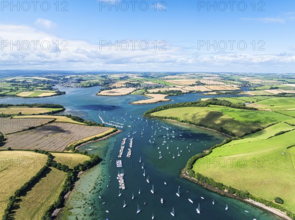 Salcombe and Mill Bay over Kingsbridge Estuary from a drone, Batson Creek, Southpool Creek, Devon, England, United Kingdom, Europe